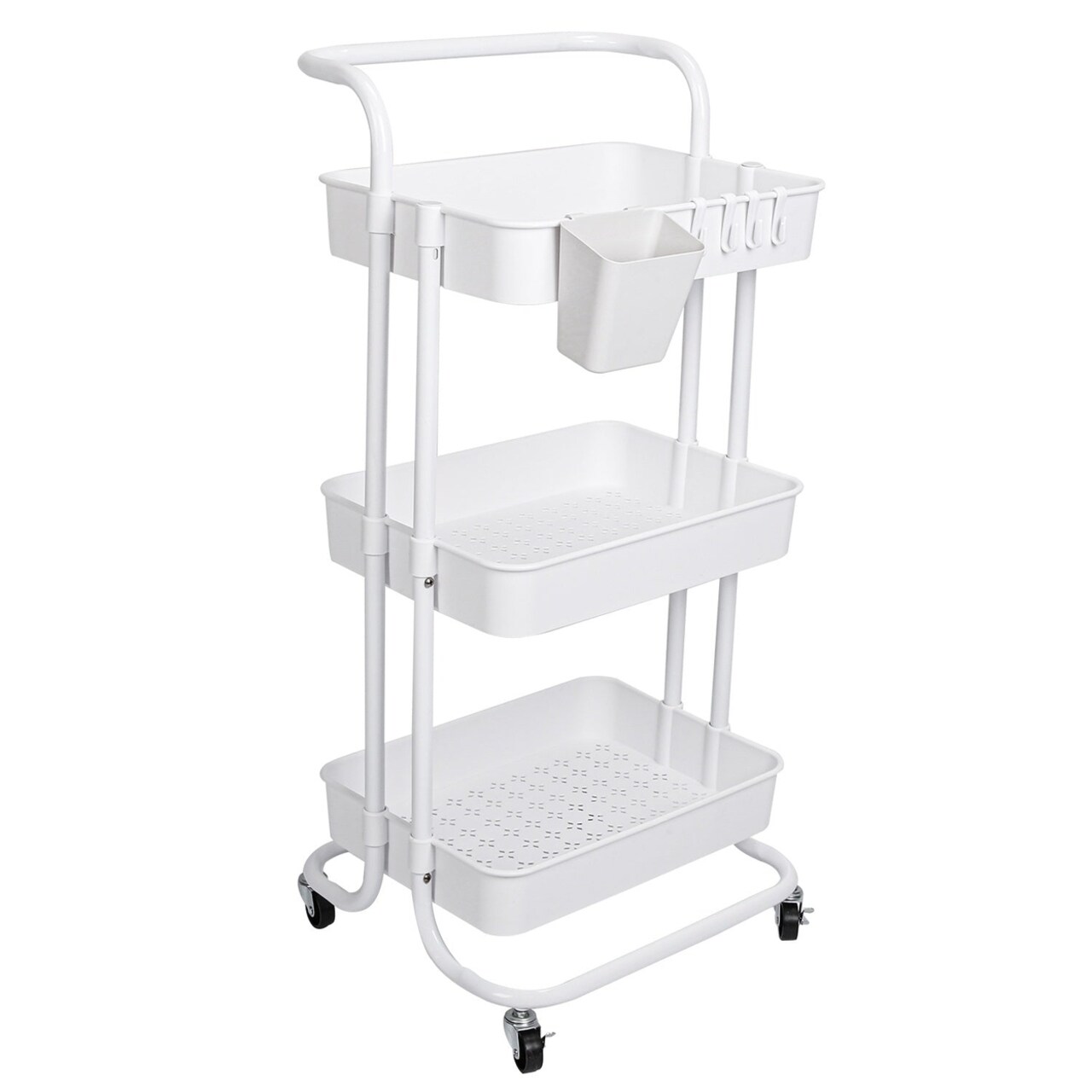 3 Tier Rolling Utility Cart Movable Storage Organizer With Mesh Baskets Lockable Wheels 360 Degree Rotatable Hanging Box